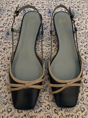Frances Valentine Blue & Cream Slingback Heels with Bow Detail - Size 9